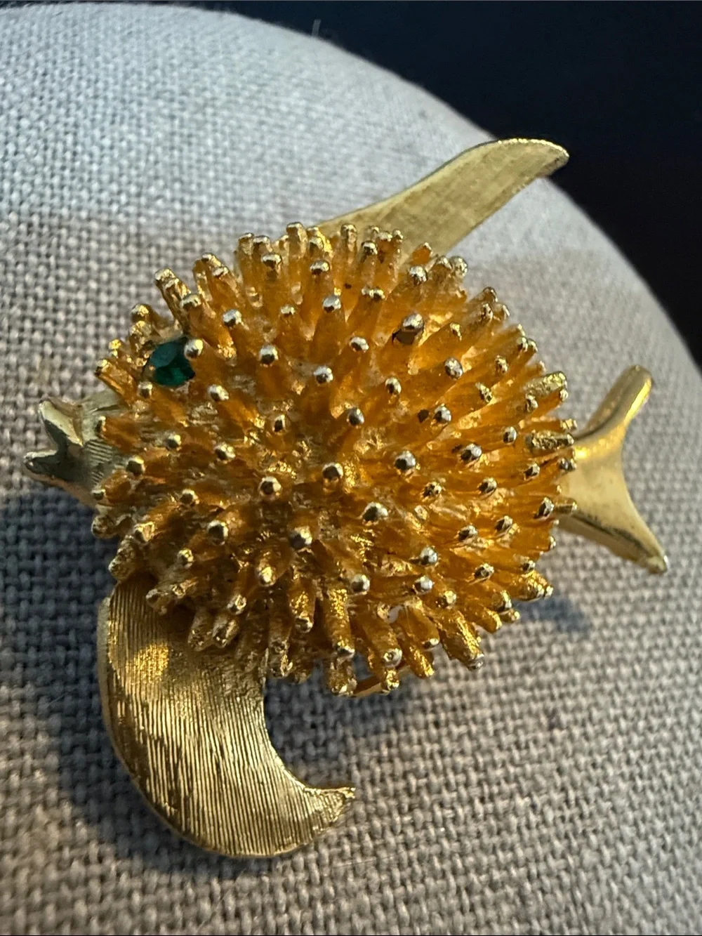 Gold Puffer Fish Brooch with Green Eye - Women's Jewelry